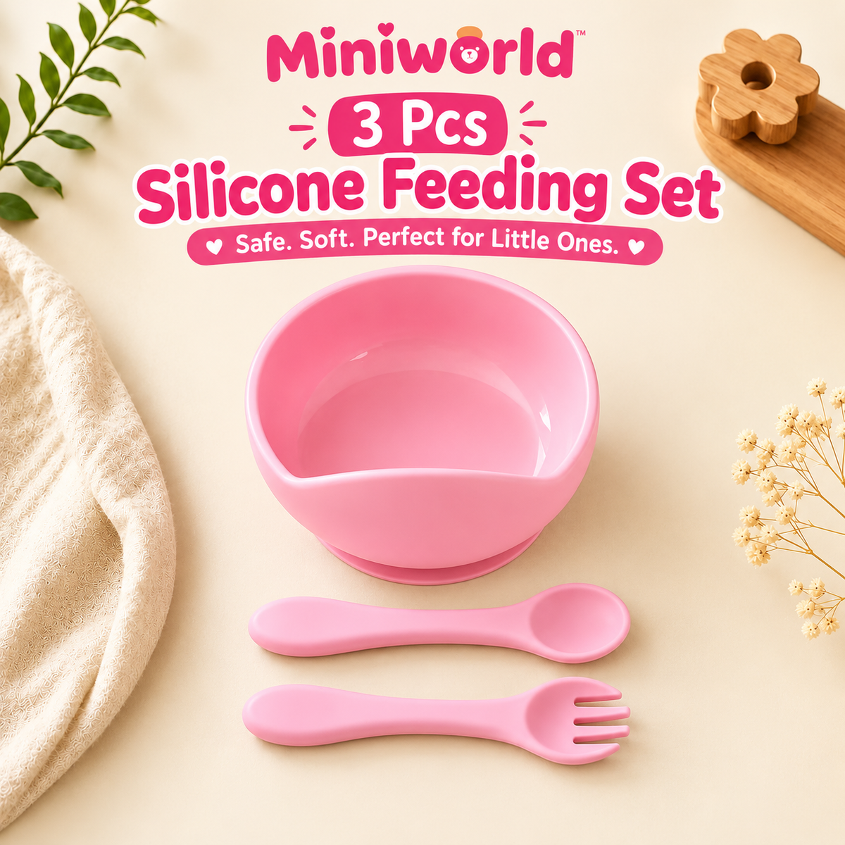 3-Piece Silicone Baby Feeding Bowl Set – Pink