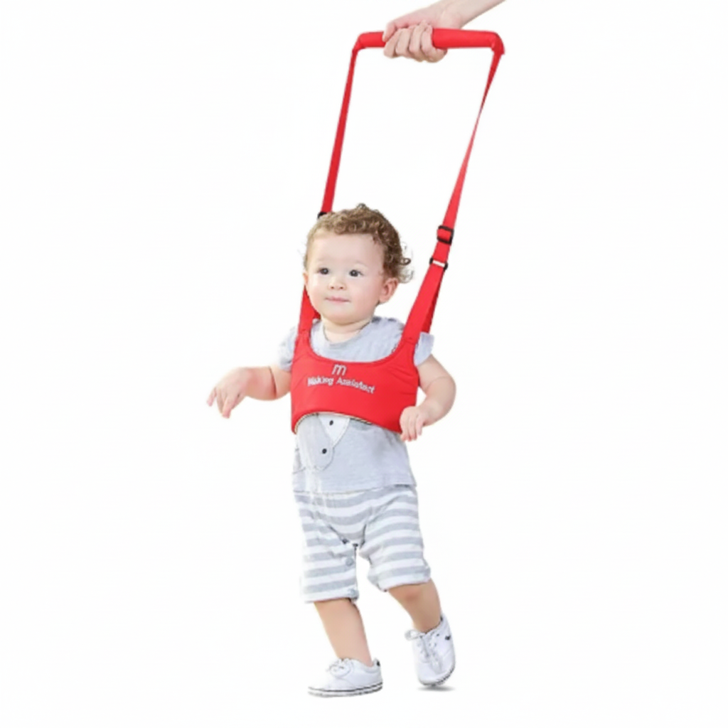 Red walking assistant harness white background