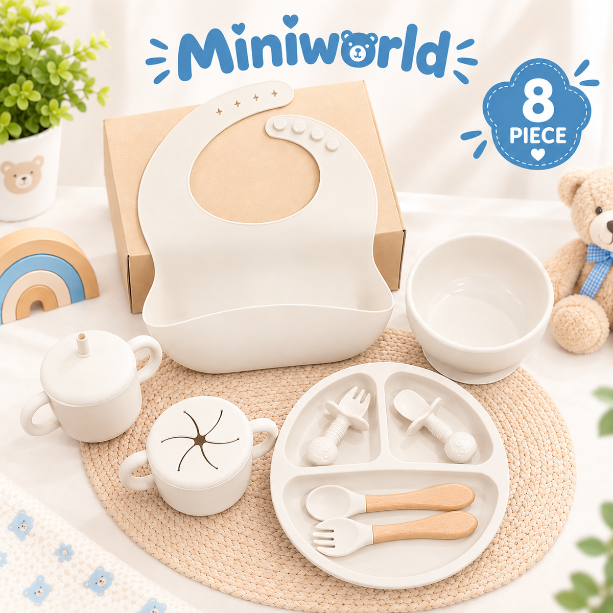 Mini World Silicone Meal Set for Baby 8 pcs I Beige Latte color